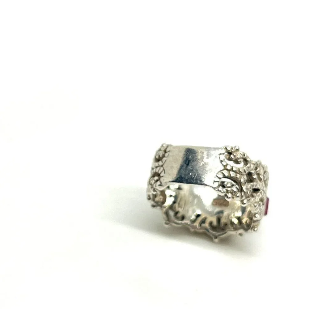 STERLING SILVER RING Multi Stone Inlay Wide Band Statement Boho Sz 8